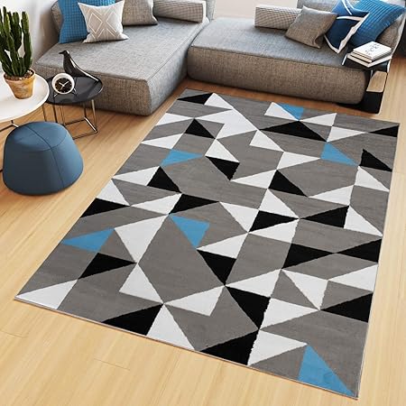 Tapiso Maya Tapis De Salon Chambre Ado Design Moderne Bleu Gris Blanc Noir Triangle Géométrique Mosaïque Fin 300 X 400 Cm