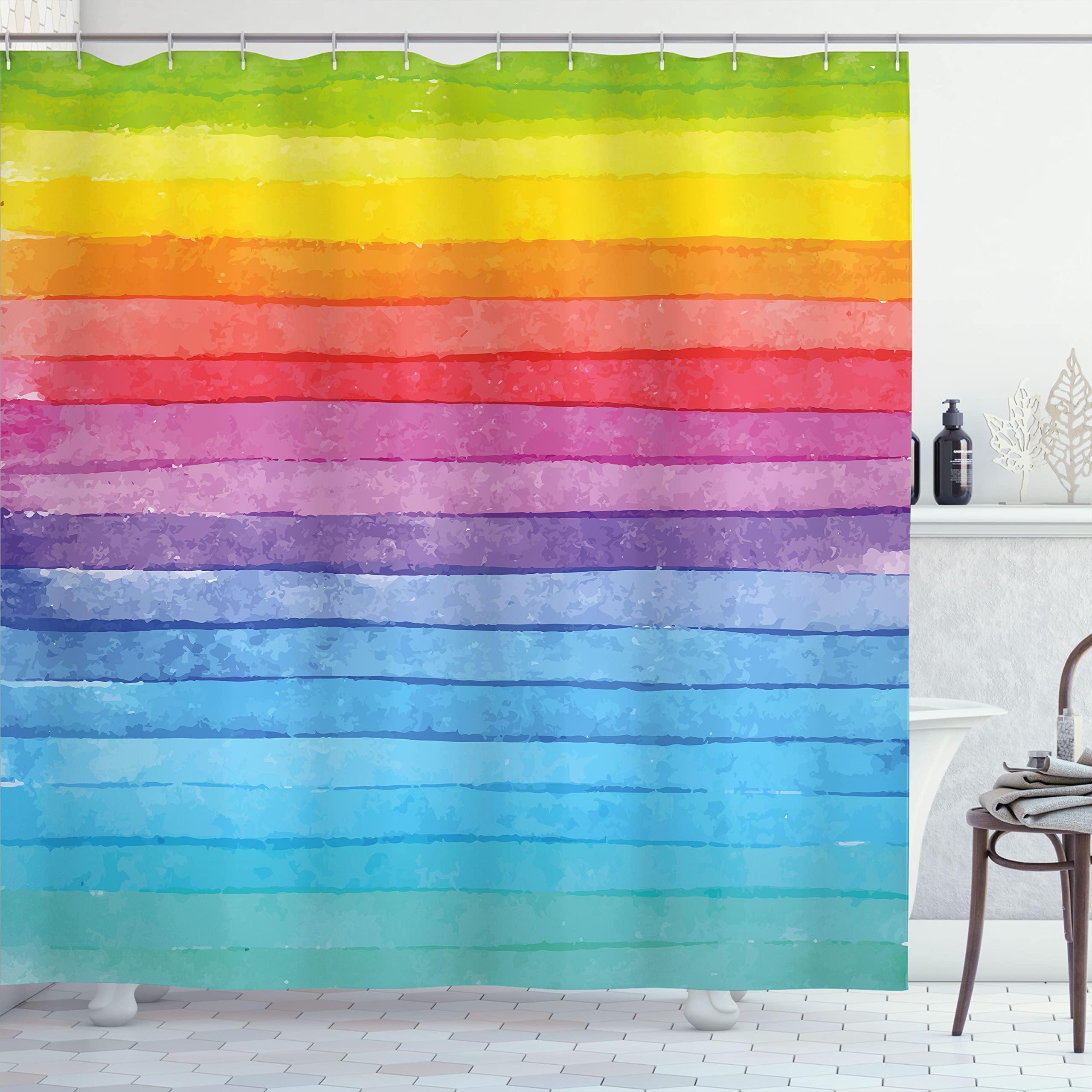 ABAKUHAUS Abstract Shower Curtain, Rainbow Colored Horizontal Striped Lines Vibrant Hand Drawn Design, Cloth Fabric Bathroom Decor Set with Hooks, 175 x 200 cm, Multicolor