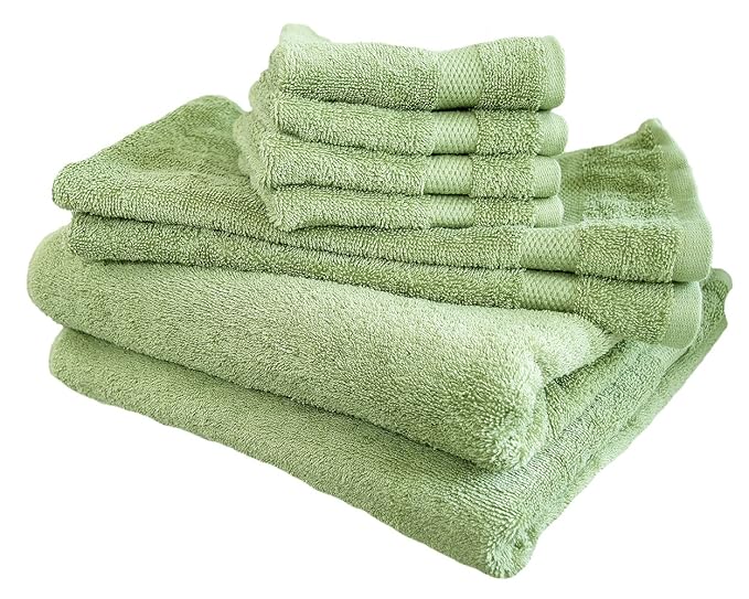 sage green patterned towels