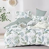 LEMIROE Botanical Cotton Comforter Twin Size - Sage Green Comforter Printed with Leaves & Ferns on White,Reversible Lightweight Bedding Sets 2Pcs(Leaves,68"×90")