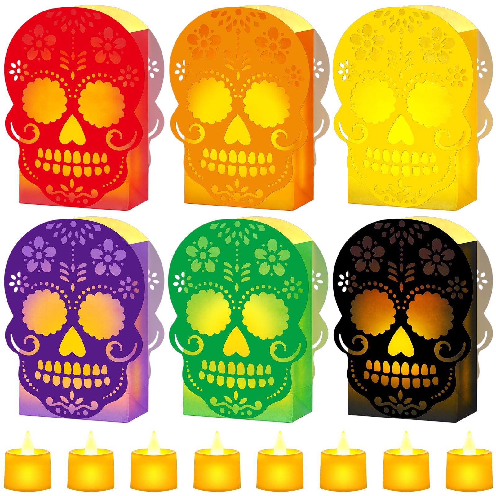 Photo 1 of 24 Sets Halloween Day of The Dead Luminary Bags with LED Tea Lights Dia De Los Muertos Black Day of The Dead Mexican Fiesta Paper Candle Holder Bags Halloween Mexican Party Favors Decorations Supplies