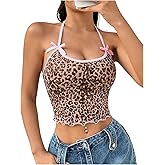 SHENHE Women's Halter Neck Backless Leopard Print Bow Front Sexy Fitted Cute Crop Top