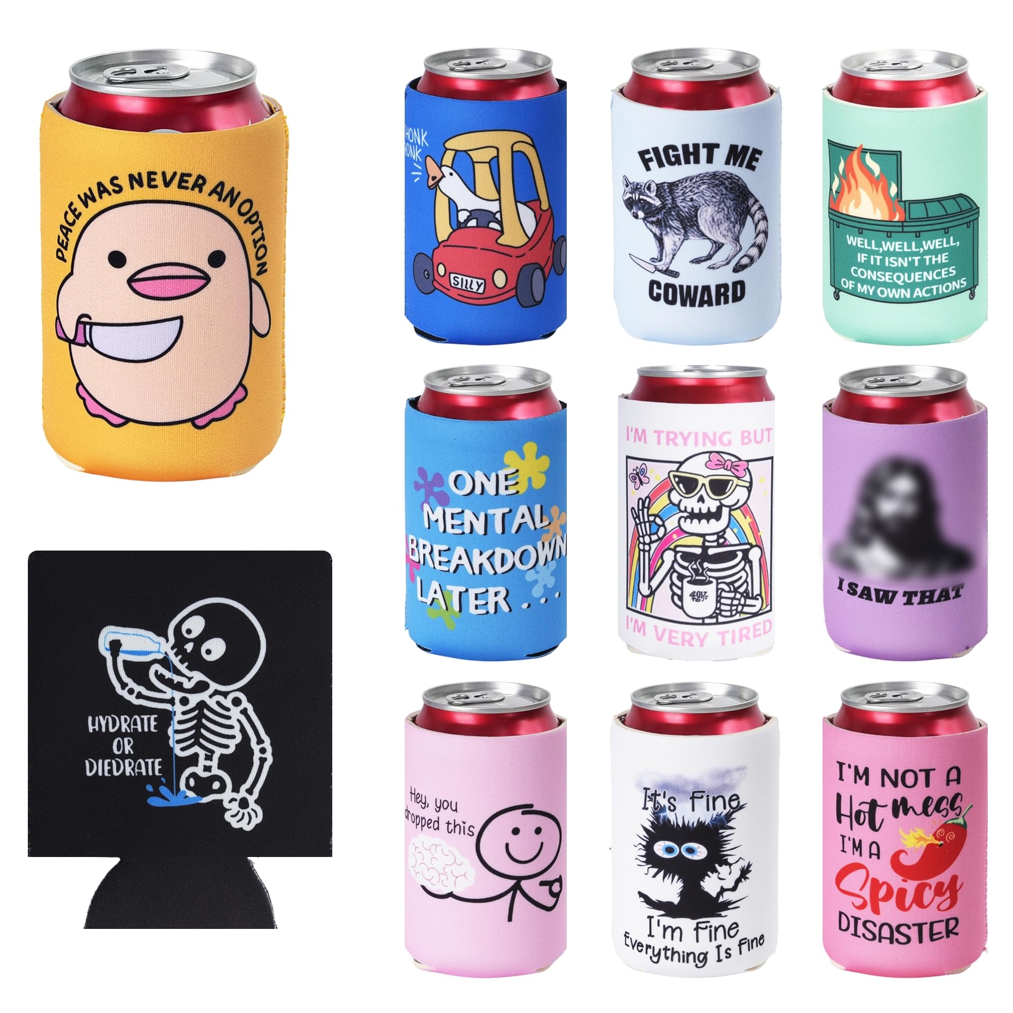 Photo 1 of 12 Pack Funny Can Cooler Sleeves – Neoprene Can Sleeves Collapsible Drink Holder for Cans and Bottles – Drink Cooler Sleeves for Parties, Gifts, BBQs, Beach, Bachelor, Bachelorette