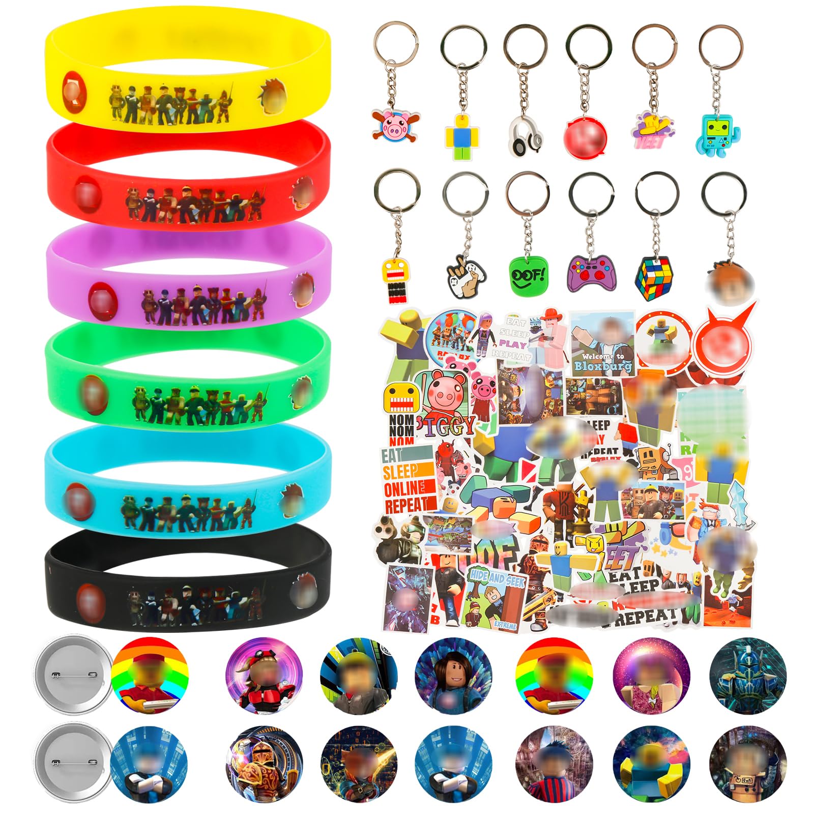 Ainvliya 86pcs Rolox Party bag Fillers, 50pcs Stickers, 12pcs Slap Bands, 12 Keychain 12 Badge Supplies for Kids Boys Girls