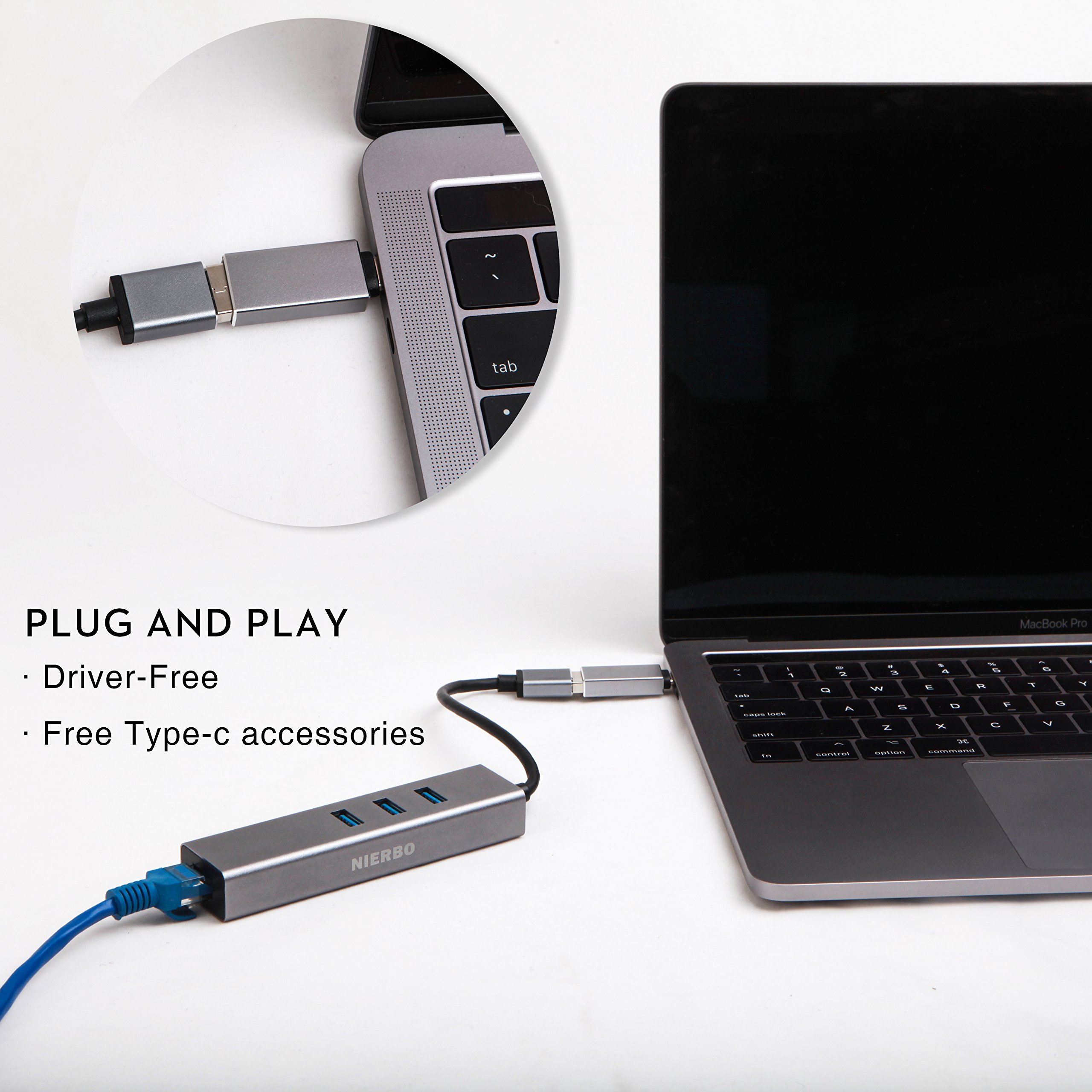 Hub USB 3.0 Ethernet Adaptador 100/1000 Gigabit, NIERBO USB 3.0 a Ethernet RJ45 Adaptador Tarjeta de Red Externa 1000Mbps Ethernet Tarjeta Red LAN RJ45 con 3 USB 3.0 Puertos 5Gbps Nintendo Switch,Adaptador USB C para Mac, Chromebook, Window