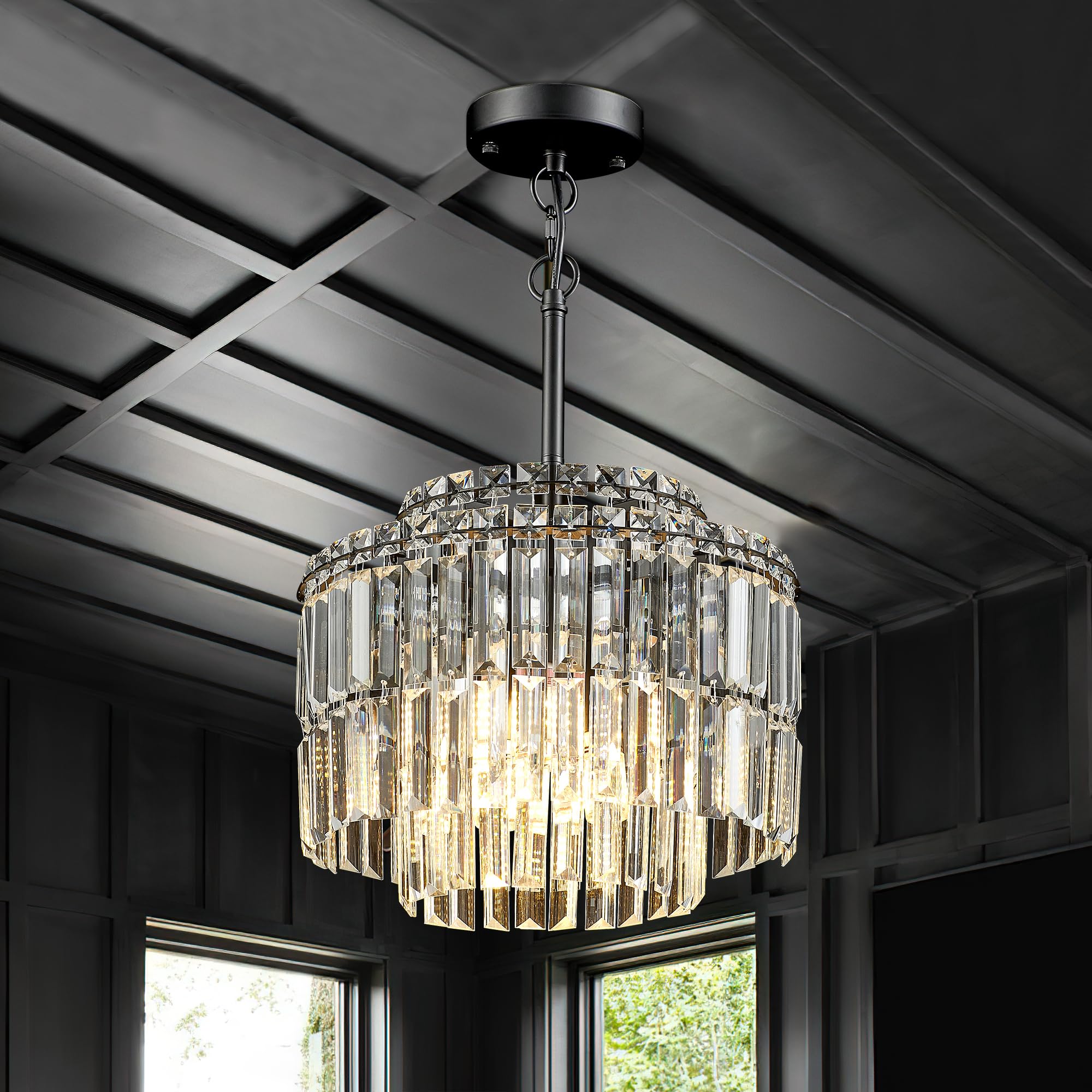 Photo 1 of lighceac Modern 12.8“ Black Crystal Chandelier Ceiling Light Fixtures for Dining Room Luxury Glam 4-Light Crystal Chandeliers Lighting for Bedroom Entryway Hallway Living Room Kitchen Island Foyer