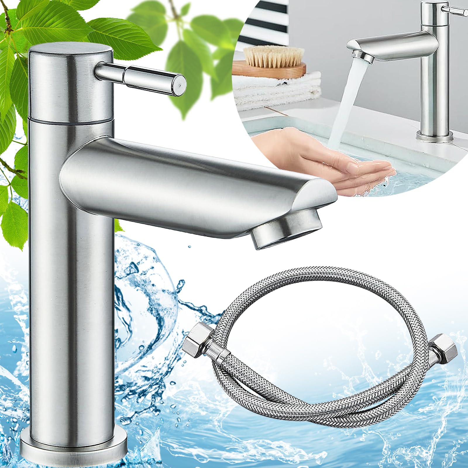 Begpoee Bathroom Faucet, Cold Water Washbasin Tap, Single-Lever Mixer Tap for Bathrooms, Washbasin, with 60 cm Hose, for Bathrooms and Kitchens (Silver)