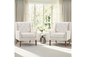 MALOL Mid-Century Living Room Chair Set of 2, Modern Wingback Accent Chairs, Upholstered Armchair with Button Tufted Back and Wood Legs for Bedroom/Reading Spaces/Office, Beige