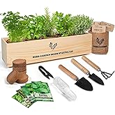 Meekear 5 Herb Seeds Garden Starter Kit with Complete Planting Kit & Wooden Flower Box, Growing into Basil, Parsley, Rosemary, Thyme, Mint for Kitchen Windowsill Herb Garden DIY