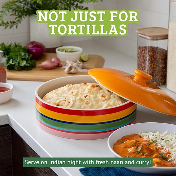 CHEF TACOS CERAMIC TORTILLA WARMER WITH LID, COLORFUL HOLDER, RAINBOW STORAGE CONTAINER FOR ROTI, PANCAKES (10-INCH, 25.4 CM)