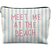 KBRCT Meet Me at The Beach Makeup Bag for Women, Beach Gifts for Women, Trendy Preppy Beachy Coastal Cosmetic Bag for Purse, Pink and Blue Striped Makeup Zipper Pouch