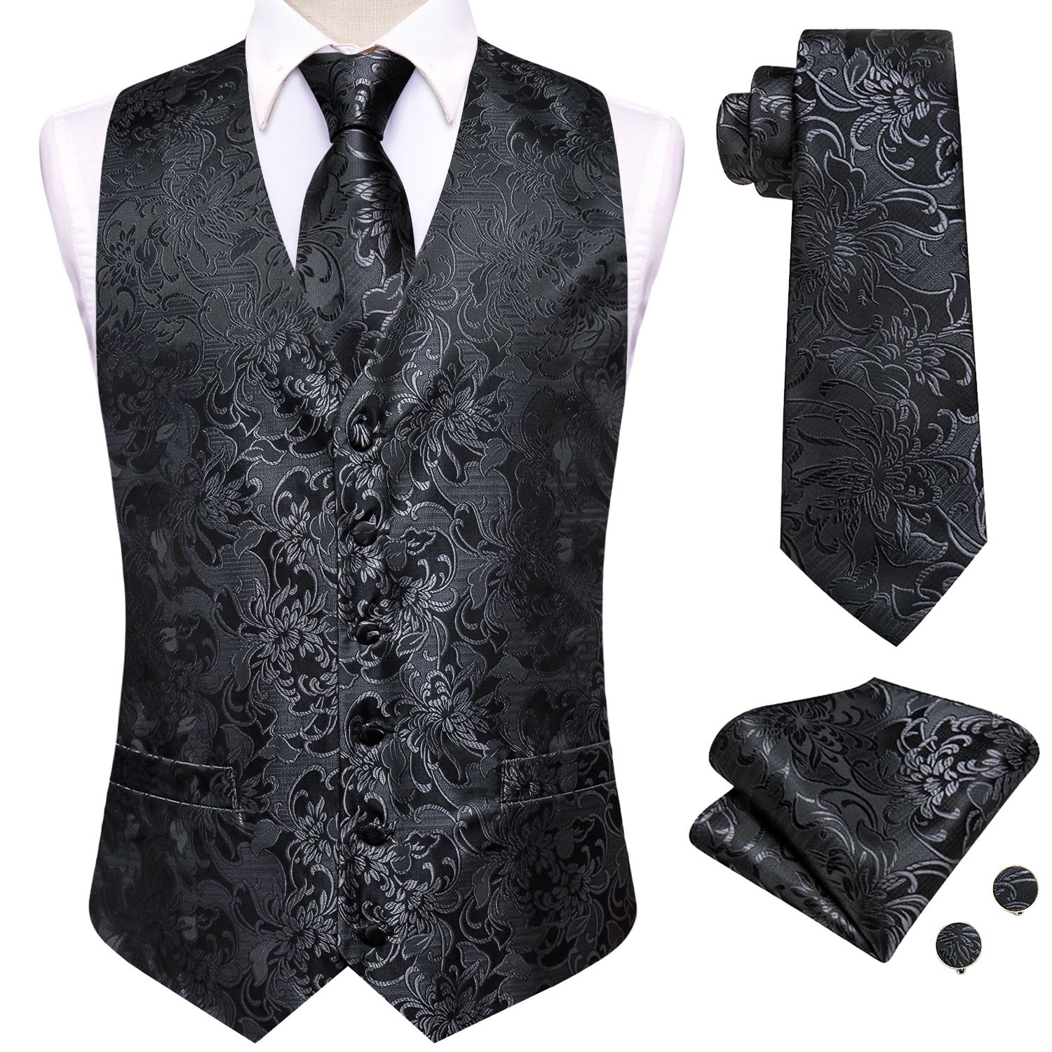 Dubulle Suit Vest Tie Set Mens Black Paisley Floral