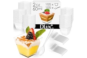 DLux 100 x 2 oz Mini Dessert Cups with Spoons, Square Short - Clear Plastic Parfait Appetizer Cup - Small Reusable Serving Bo