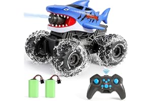 BOBXIN Amphibious Remote Control Shark Monster Truck with Water Squirt,4WD All-Terrain Off-Road 2.4Ghz Waterproof RC Car Boat Pool Water Toys for Kids Age 6+