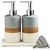 Cormomu Ceramic Soap Dispenser Set(2 Pack) – Hand Soap, Dish Soap, Shampoo & Shower Soap Dispenser for Bathroom & Kitchen, Stainless Steel Pump, Includes Silicone Funnel & Diatomaceous Tray, Gray