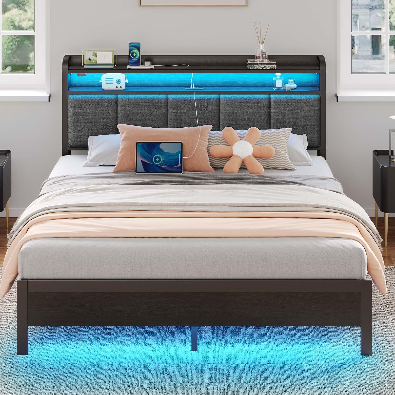 Rolanstar Queen Bed Frame with LED Lights, Upholstered Headboard, Charging Station, Storage Shelves, Heavy Duty Metal Slats, No Box Spring Needed, Noise Free, Easy Assembly, Grey Image
