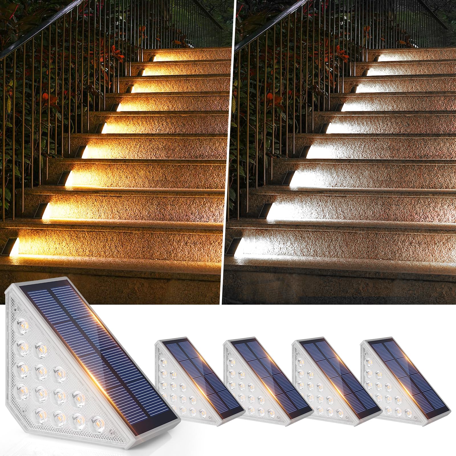 Photo 1 of 4-Pack Solar Stair Lights Outdoor Waterproof, Upgraded 2 Color LED Solar Powered Step Light for Outside, IP67 Auto On Off, Solar Lights for Front Sidewalk Yard Patio Porch Decor, Warm White-Cool White