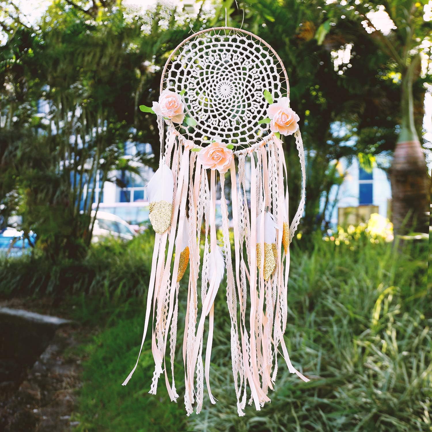 HONITURE Dream Catchers Handmade Boho Ivory Cotton Dreamcaters with Gold Feather Tassel for Kids Bed Room Decor Wall Hanging - Capture Sweet Dreams and Bring Blessings (Dia 7.8" Length 20")