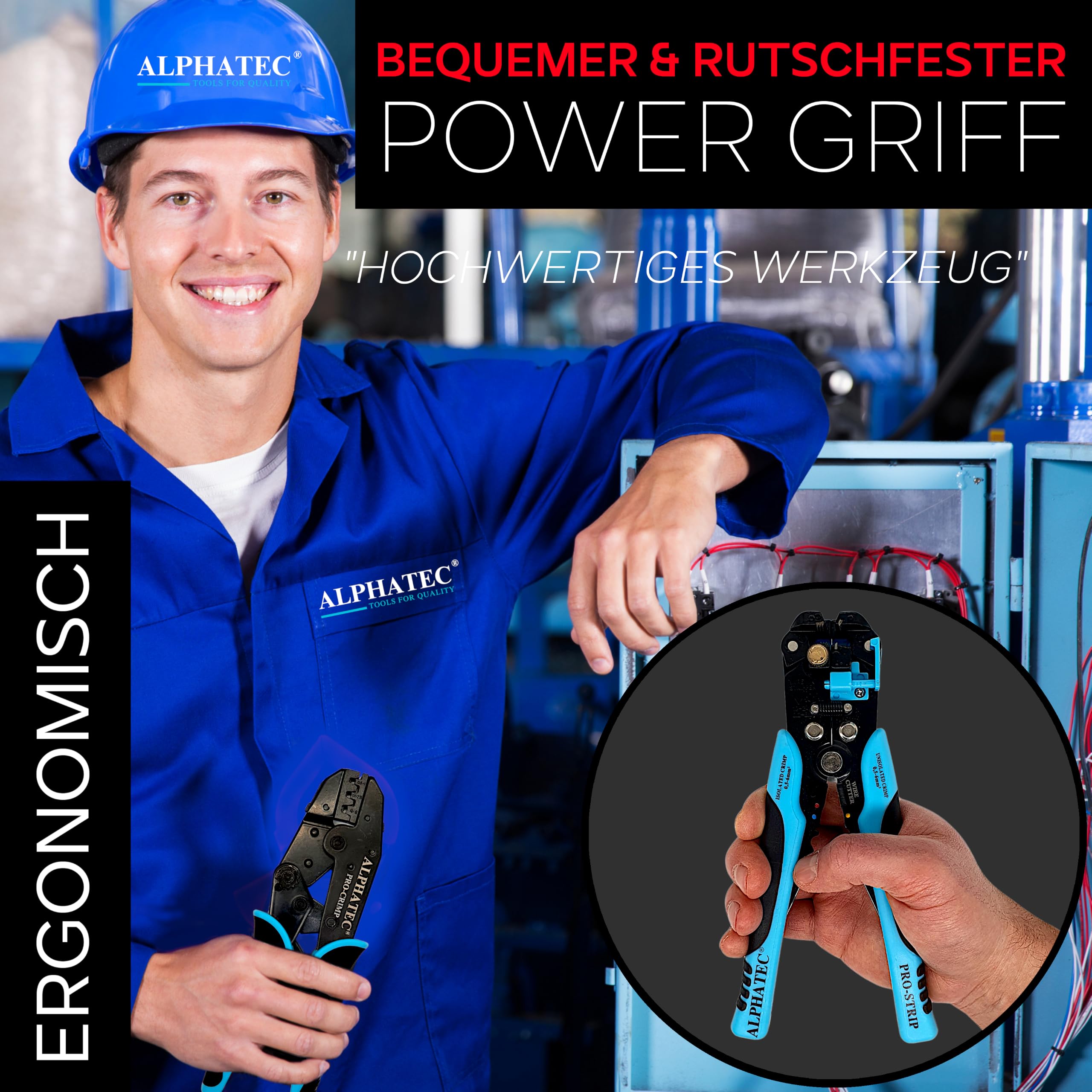 ALPHATEC® Crimpzange Set mit Wechselbacken inkl. automatische Abisolierzange - [0,25-10mm²] - Crimpzange Kabelschuhe, Aderendhülsenzange, Flachstecker, MC4 Zange PV Solar - Krimpzangenset 8-teilig 7