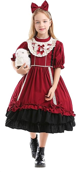 Amazon ゴスロリ ロリータ キッズ ワンピース メイド服 チャイナ ロリ ゴシック Lolita系 子供 ドレス プリンセスドレス かわいい 萌え 二次元 日常 レッド ロリータ服 発表会 入学式卒業式 ハロウィン イベント 学園祭 文化祭 撮影 クリスマス M 125 135cm キッズ