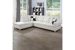SumKea L-Shaped Sectional Sofa Set 5-Seat Luxurious Faux Leather Couches for Living Room, Left Facing Chaise with Pillows, Space-Saving Design, White