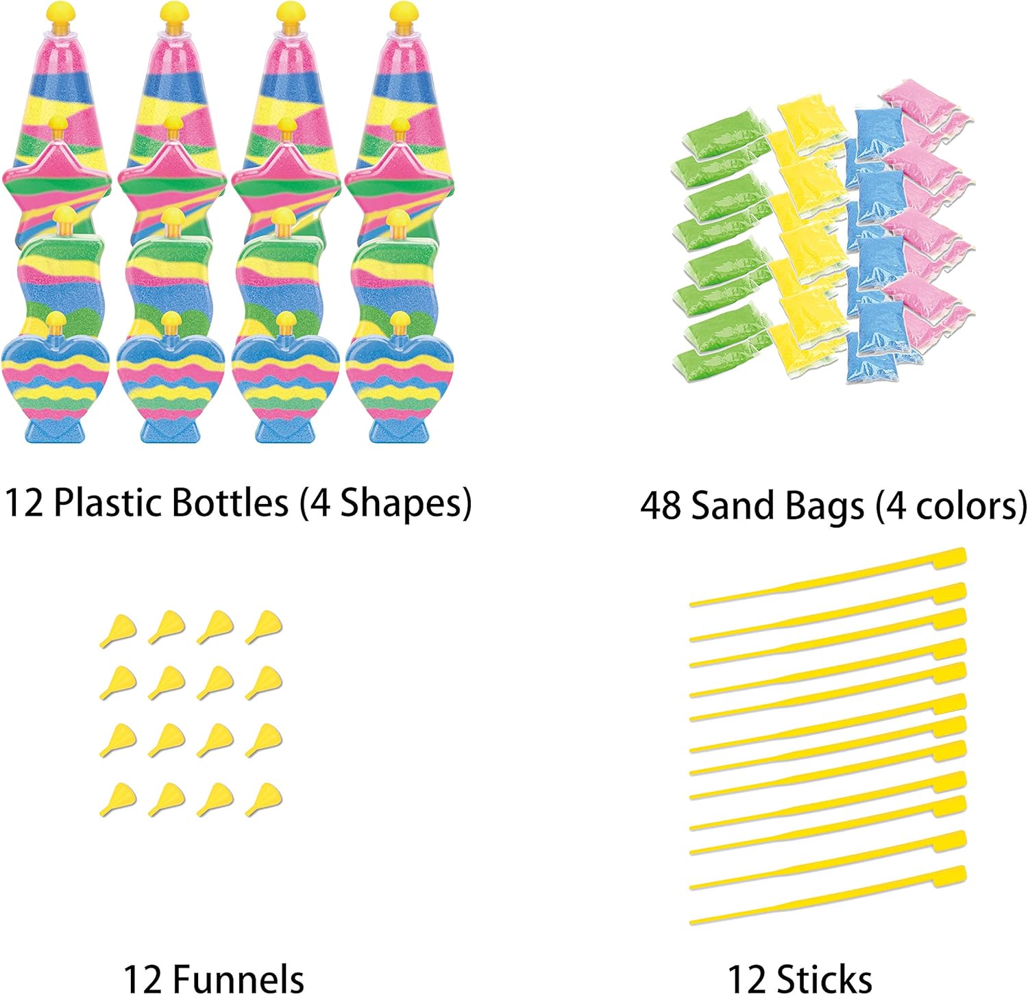 12 Pack Create Your Own Colored Sand Art Kits - Includes 12 Bottles, Funnels, Sticks, 48 Bags of Sand - Ideal for Kids Arts and Crafts, Schools, Birthday Party Favors Bulk (1 Dozen in Box): Toys & Games