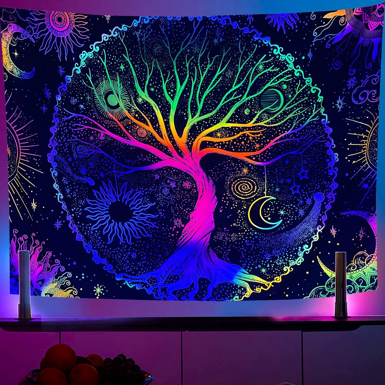 Tapestries - ARTHMOM Tree of Life Blacklight Tapestry UV Reactive Colorful Trippy Boho Mandala Wall Tapestry for Bedroom Aesthetic — Hippie Sun and Moon Wall Hanging (59