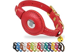 OOPSDOGGY Leather AirTag Cat Collar with Bell - Non Breakaway Kitten Collar with Apple Air Tag Holder - Lightweight GPS Pet Collars for Girl Boy Cats, Small Dogs, Puppies (Red)