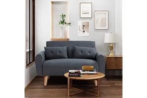 Shintenchi 47" Small Modern Loveseat Couch Sofa, Fabric Upholstered 2-Seat Sofa, Love Seat Furniture with 2 Pillows, Wood Leg for Small Space, Living Room, Bedroom, Apartment, Dark Grey