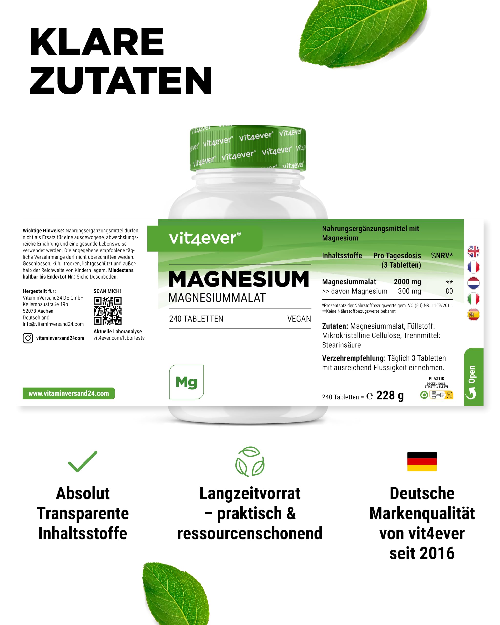 vit4ever Magnesium Malat - 240 Tabletten - 300 mg Magnesium 5