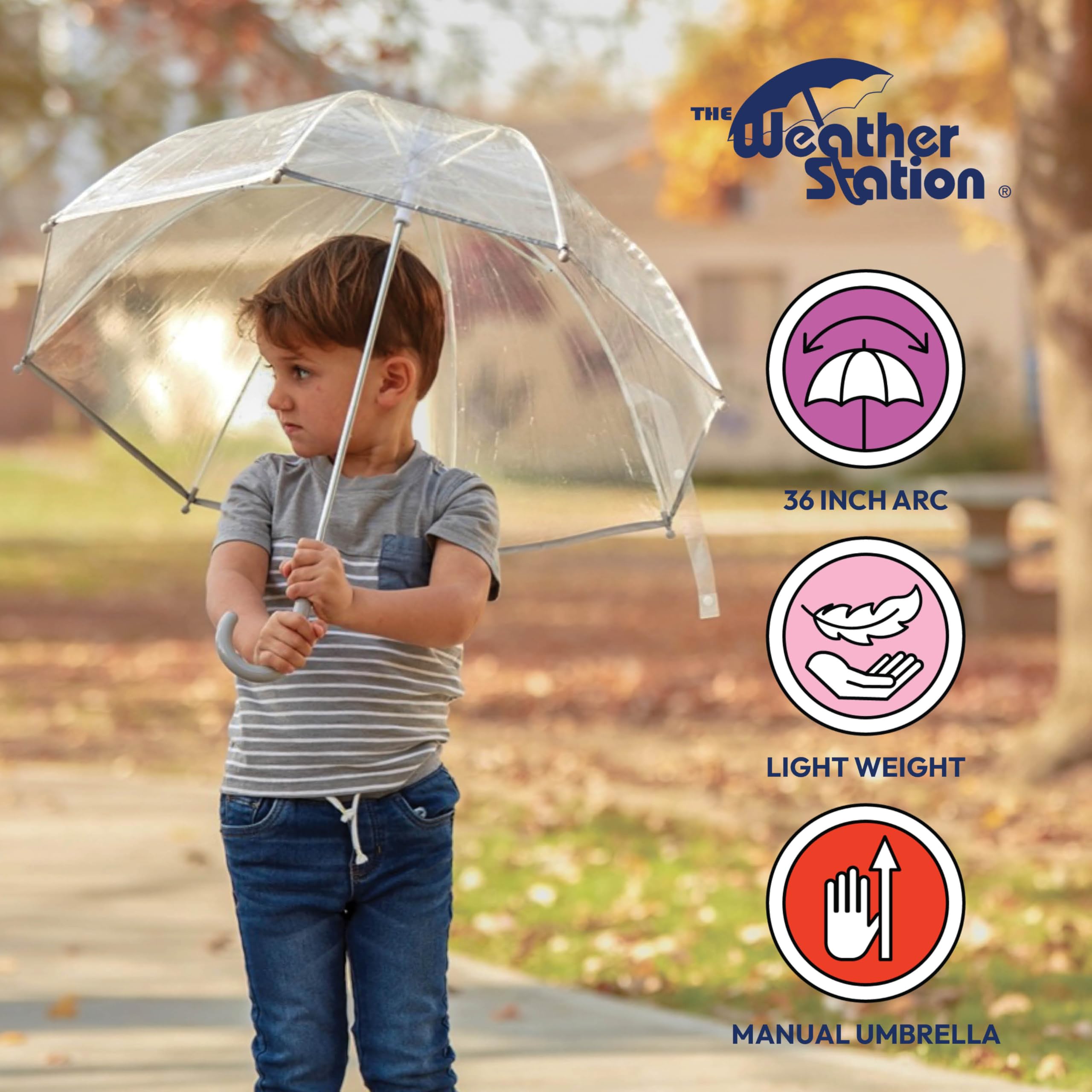 The Weather Station Children's Dome Bubble Rain Umbrella, Kids, Clear, Fiberglass Frame, Windproof, Lightweight, Stick, Full 36 Inch Arc