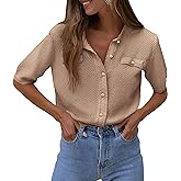 PRETTYGARDEN Women's Summer Button Down Shirts Casual Short Sleeve Crew Neck Ribbed Knit Blouse Top Cardigans