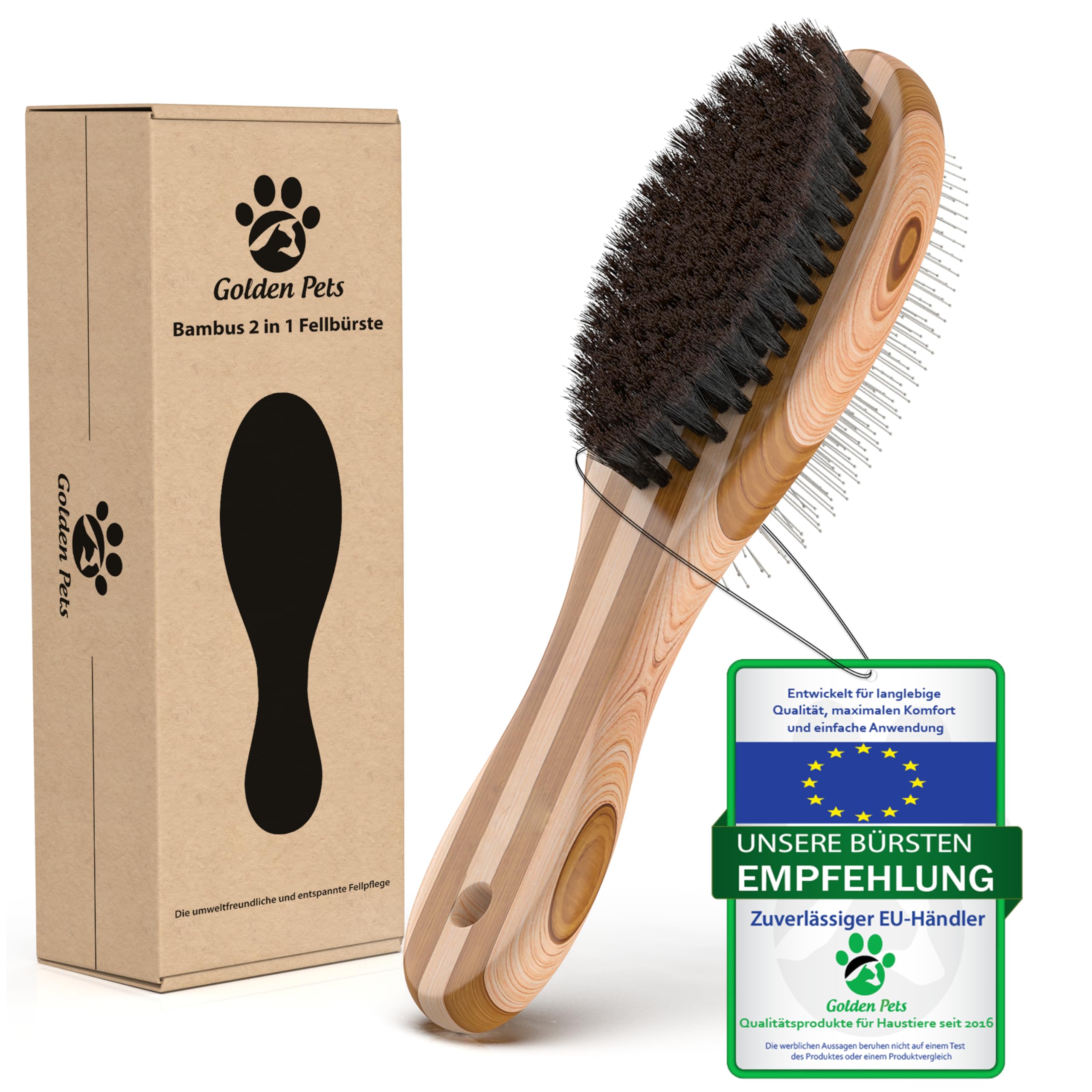 Golden Pets Bamboo Dog Brush & Cat Brush I Smoothing and Detangling I Medium - Long Hair Fur I Dog Comb for Undercoat I + Care Manual