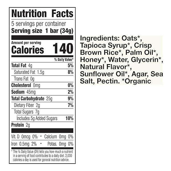 CASCADIAN FARM ORGANIC GRANOLA BAR, OATS AND HONEY, 5 BARS, 6 OZ