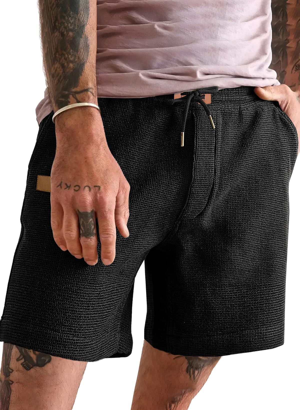 Photo 1 of (USED/FAIR) (BAGGED) JMIERR Men's 7 Inch SweatShorts Casual Elastic Waist Waffle Jogger Workout Shorts Summer Beach Lounge Shorts with Pockets, M, Black