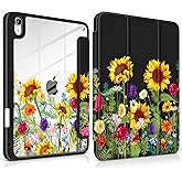 MEEgoodo Case for iPad A16 11th Generation 11 inch 2025/10th Gen 10.9 inch 2022, Cover with Transparent Acrylic Back Shell,Tablet Case with Pencil Holder+Auto Wake/Sleep+Trifold Stand, Sunflowers