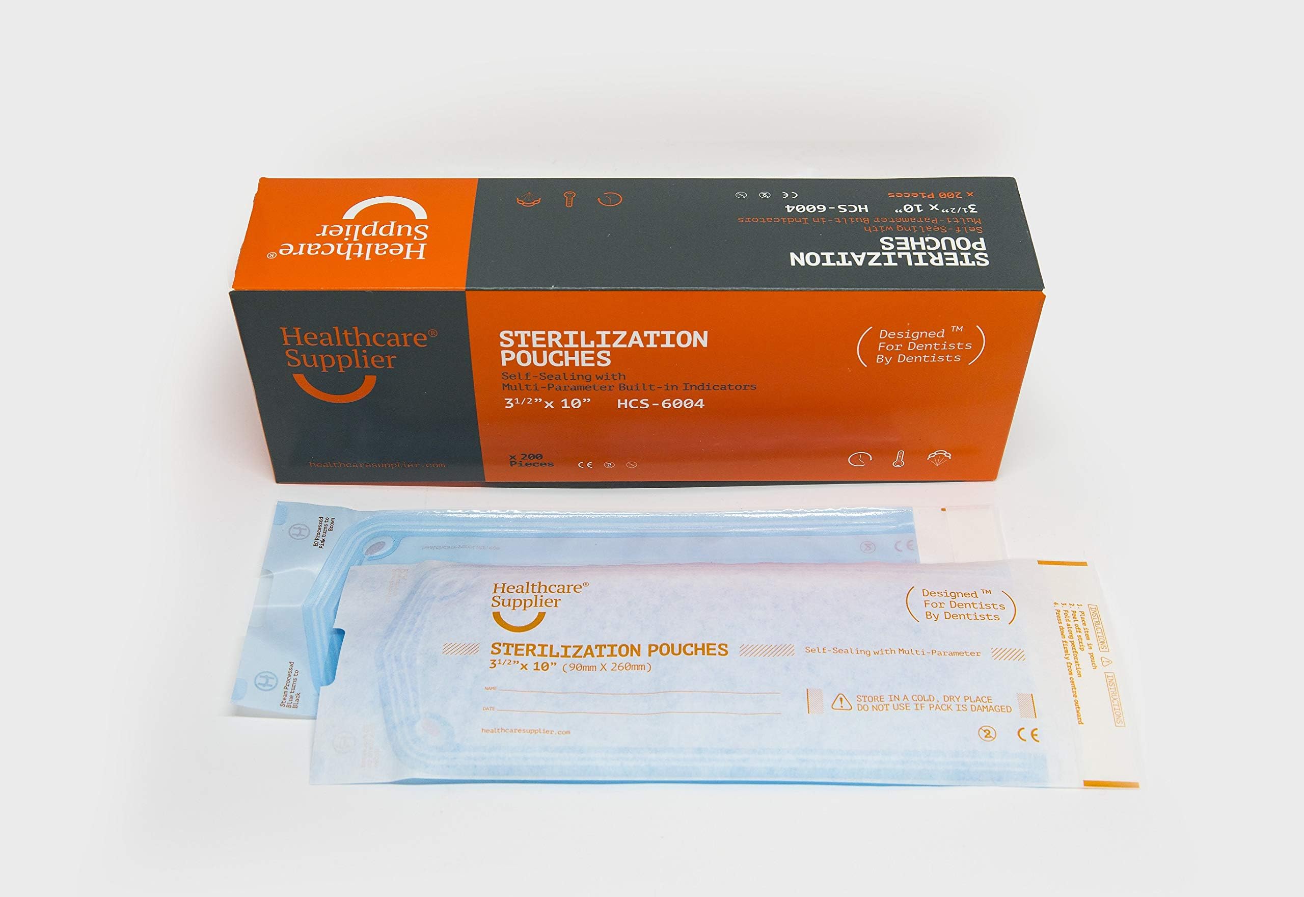 HEALTHCARE SUPPLIER 3.5" x 10" Dental Sterilization Pouches with Indicators (200 Count) Professional Dental Supplies