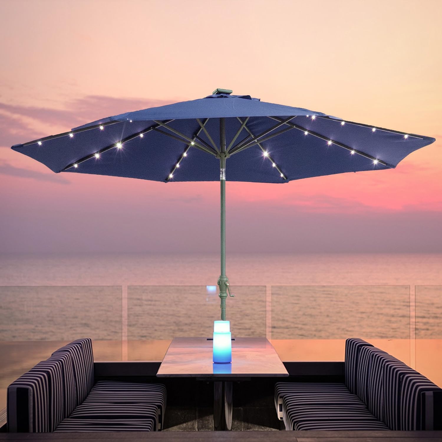 Caymus 10 Ft 32 Led Light Solar Patio Outdoor Market Aluminum Umbrella With Push Button Navy Blue 8 Ribs Amazon Co Uk Garden Outdoors