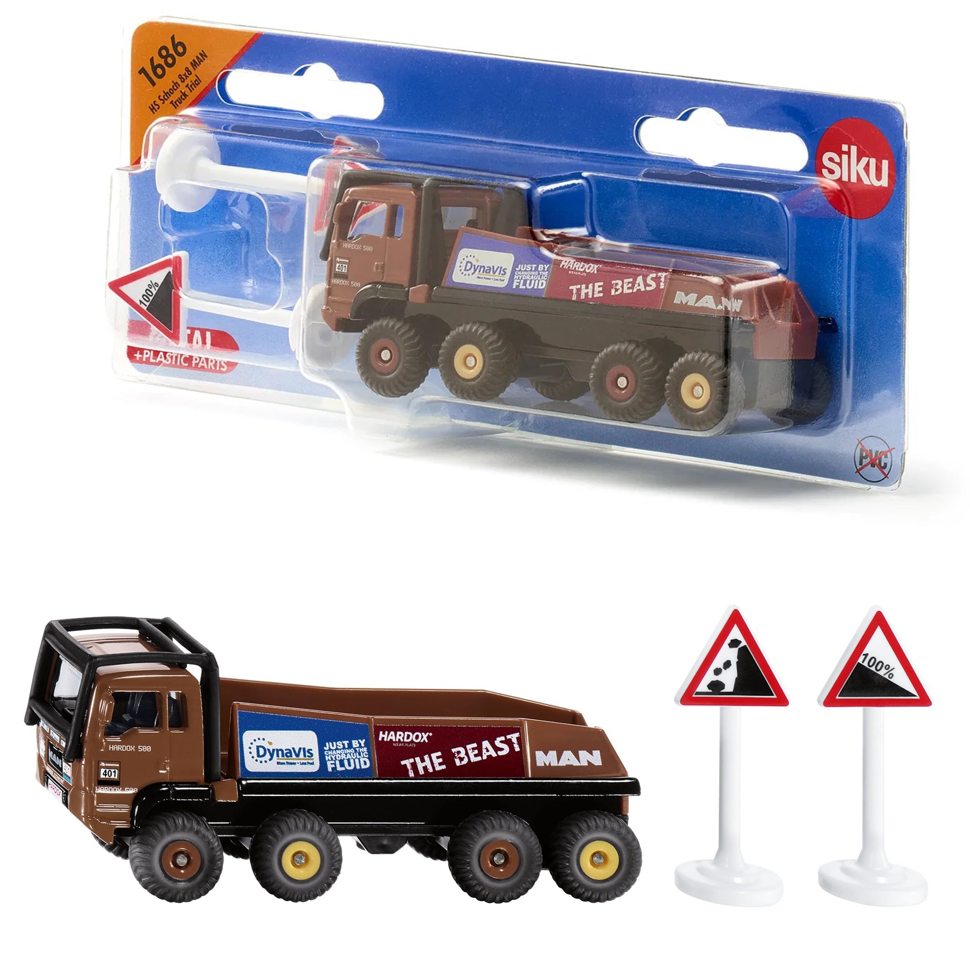 siku 1686, HS Schoch 8x8 MAN Truck-Trial, Metal,Plastic, 1:87, Brown, Incl. 2 warning signs, Compatible with other siku models of the same scale