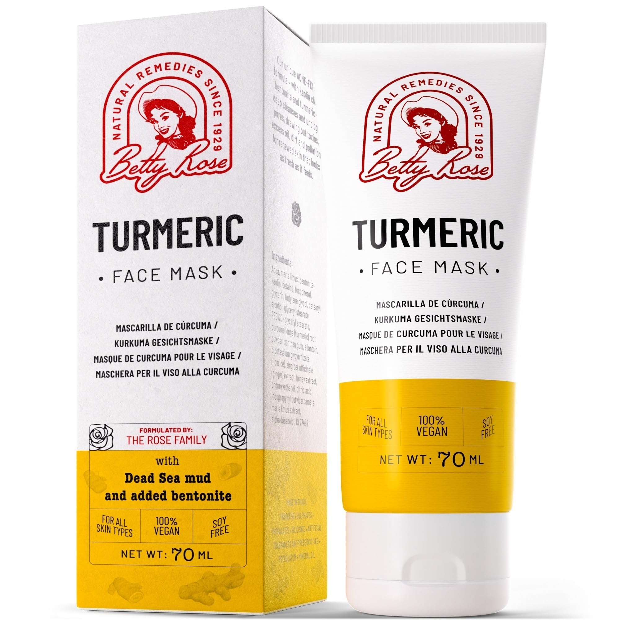 Turmeric Face Mask, 100% Organic Turmeric with Dead Sea Mud and Bentonite Clay Face Mask - Acne Face Mask, Brightens and Firms Skin, Helps to Reduce Acne and Dark Spots, 70 ml