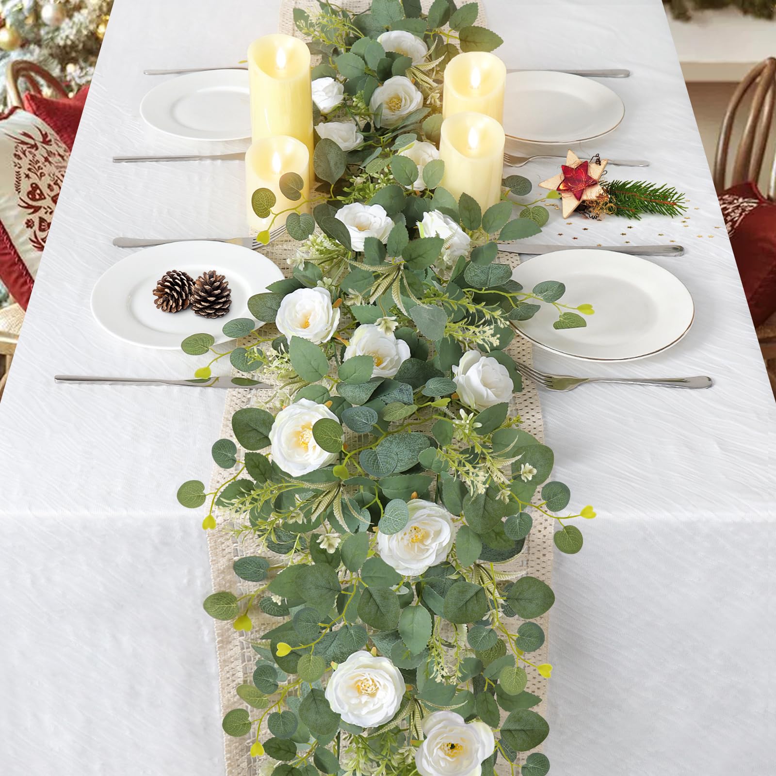 UXORSN 2Pcs Artificial Eucalyptus Flower Garland with White Rose Fake Plants Silk Roses Floral Green Leaves Vines Faux Gypsophila Flower Ivy Greenery Garland for Wedding Home Party Table Runner Decor — image 1