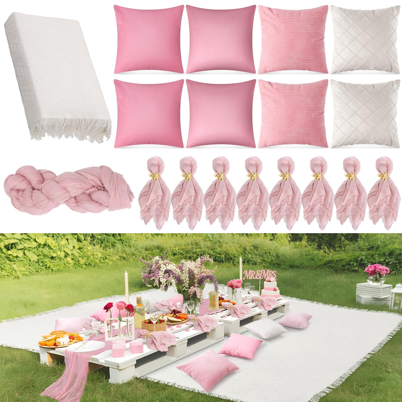Photo 1 of 118 x 71" Extra Large Outdoor White Picnic Blankets with Pink Tulle Table Runner Cheesecloth Napkins Plush Throw Pillow Covers Oversize Beach Blanket Essentials for Wedding Picnic Camp(Classic,18)