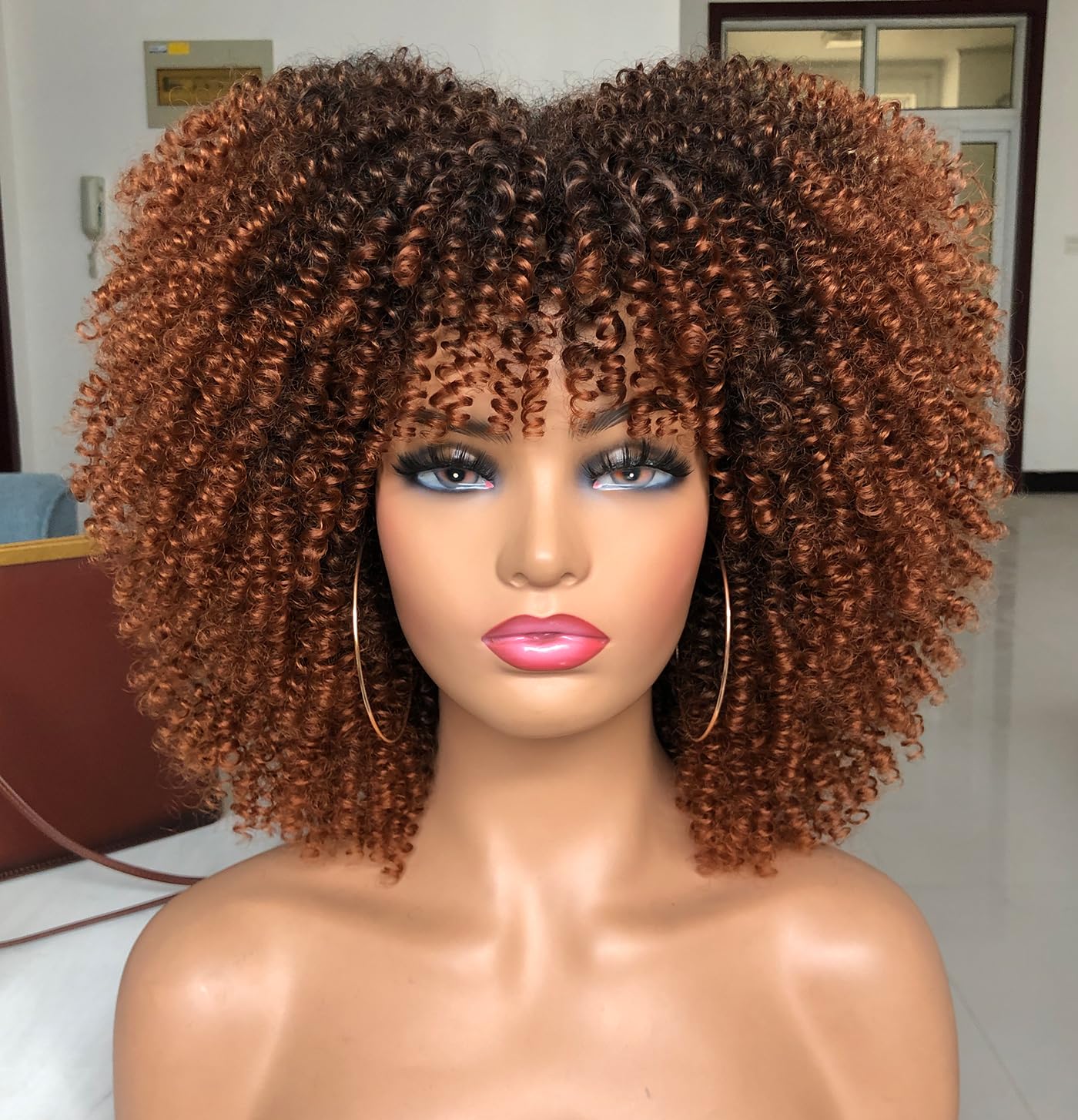 ISAMY 14inch Afro Bomb Curly Wigs for Black Women Short Afro Kinky Curly Wig with Bangs Full Curly Wig (Ombre Brown) โ image 1
