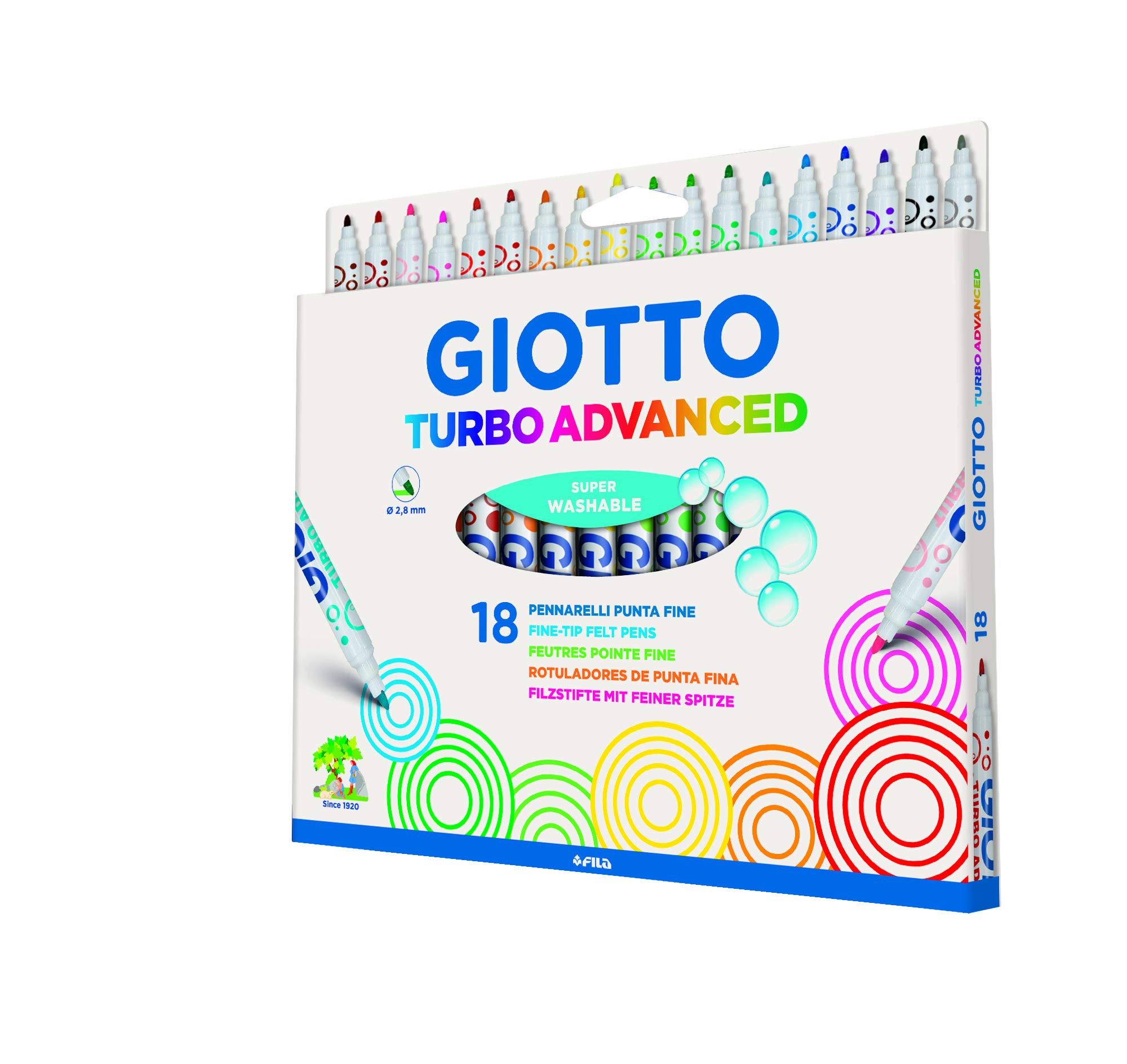 GIOTTO Turbo Advanced Super Washable Felt Tip Fibre Pens, Fine Tip Nib 2.8mm, 18 Assorted Colours, For Children, Parties and Schools โ image 1