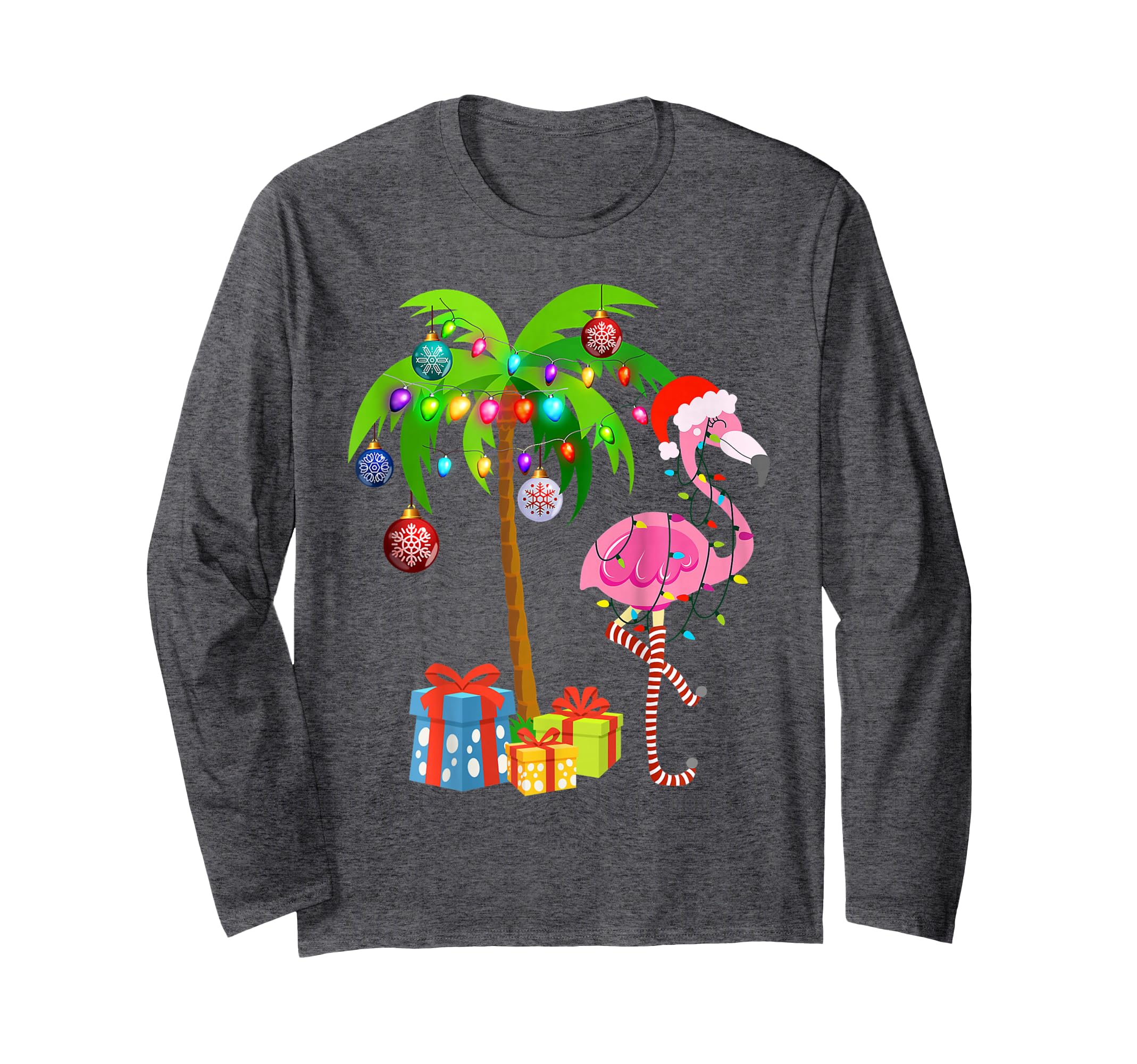 Photo 1 of Pink Flamingo Christmas Palm Tree Tropical Xmas Holiday Long Sleeve T-Shirt