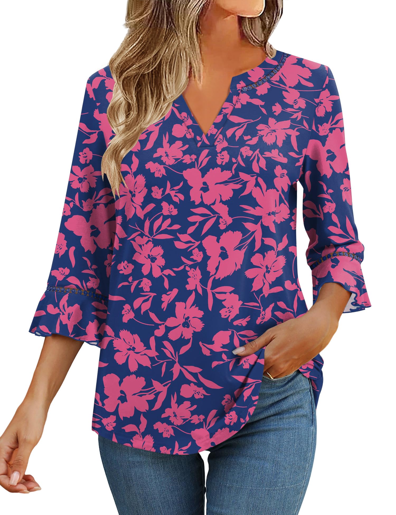 Photo 1 of Bashafo Ladies Tops and Blouses 3/4 Sleeve Summer Dressy Casual Flutter Bell Sleeve Tunic Blue Red Floral XXL