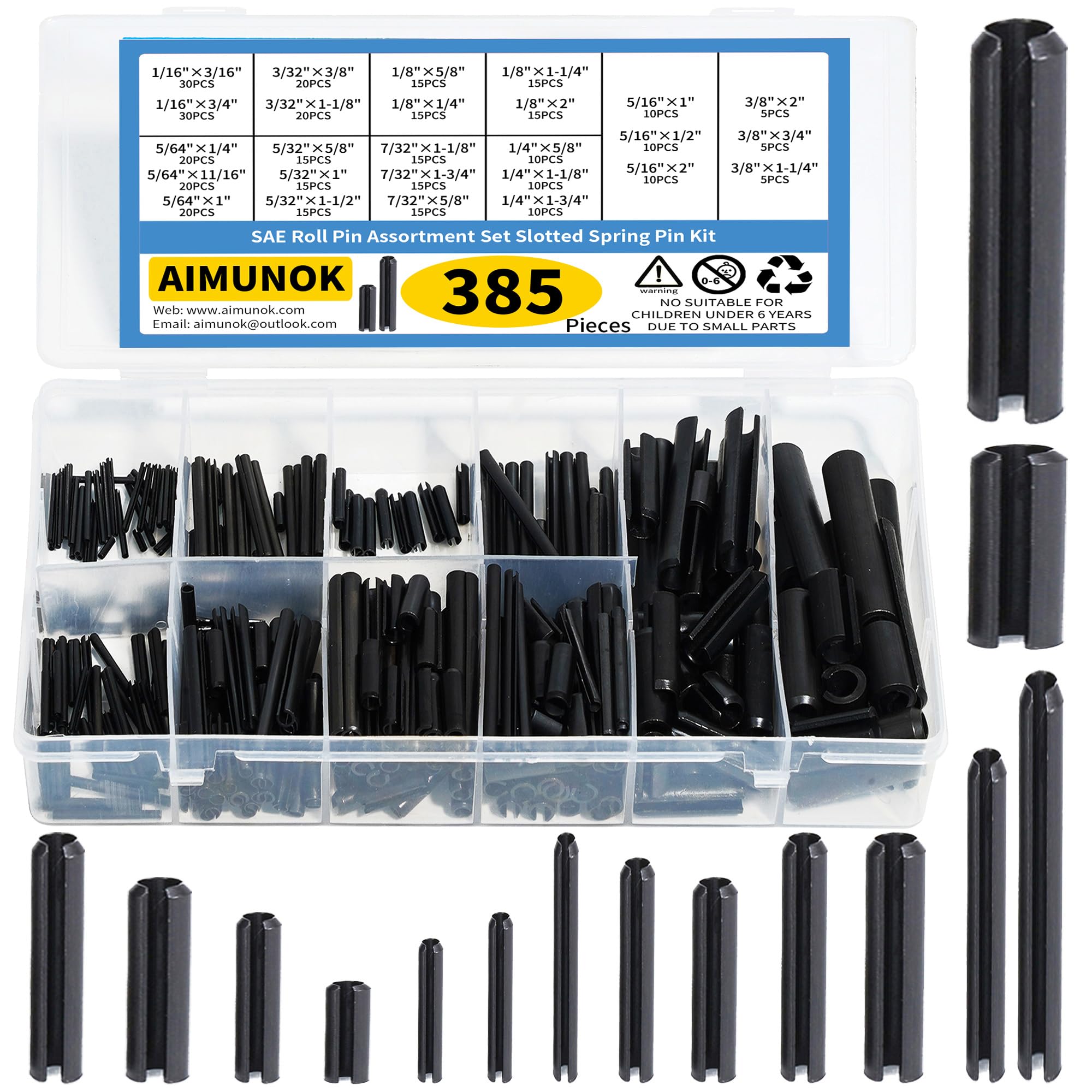 AIMUNOK 385-Piece Roll Pins Assortment - 26 Sizes Steel Slotted Spring Roll Pins- 1/8 1/4 3/8 1/16 5/64 3/32 5/16 5/32 5/16 for Home Improvement Automotive Repair