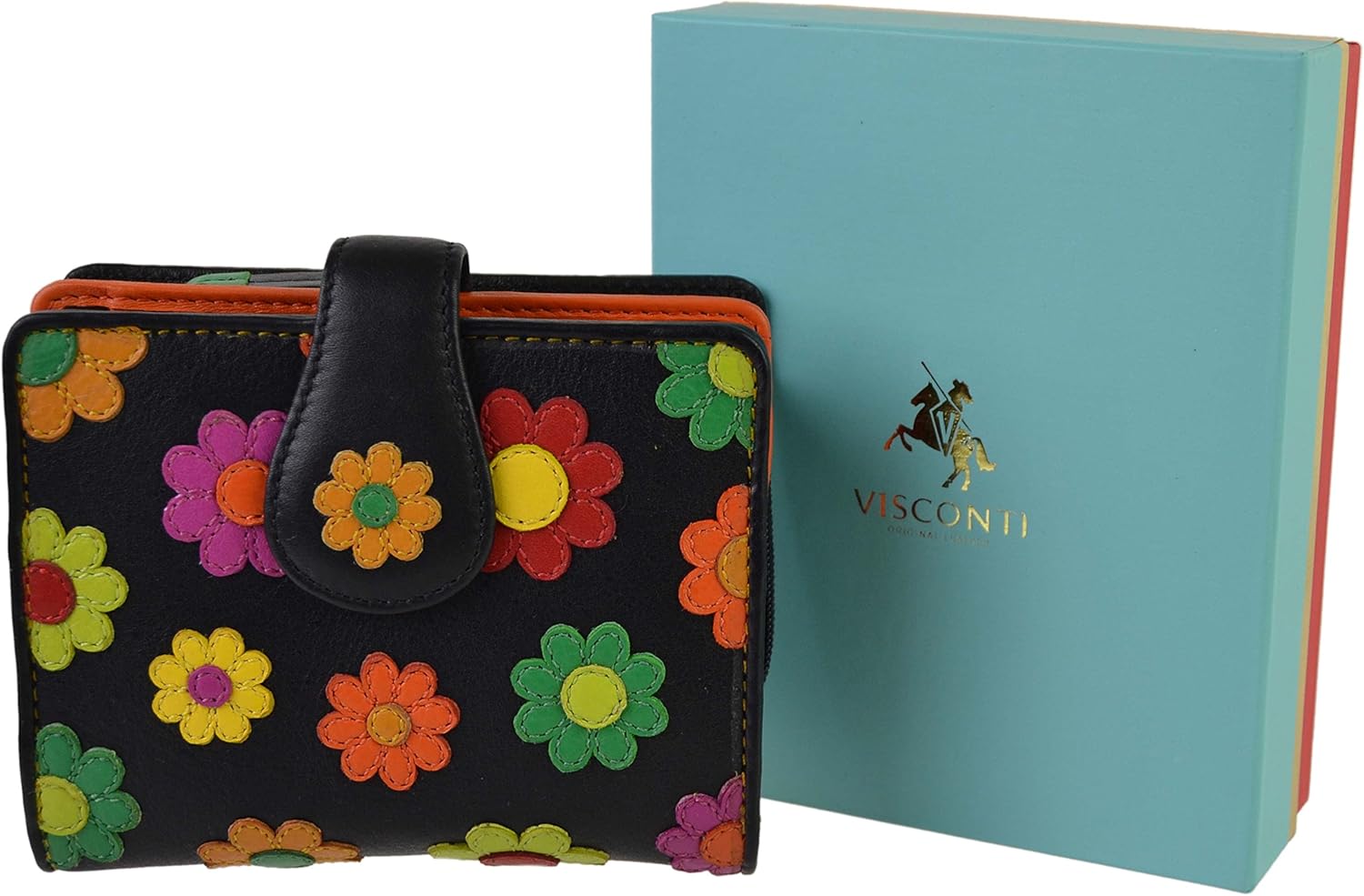 Visconti Ladies Leather Small Flower Design Tabbed Purse Wallet Daisy Collection Gift, Black - Image 3