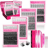 MilyBest 808pcs Lash Clusters Kit with Spikes and Bottom Lashes | 4 Styles D Curl wispy individual eyelash extensions, Includes 2 bond&amp;seal for Everyday Wear, DIY doll-eye and lower lash maps