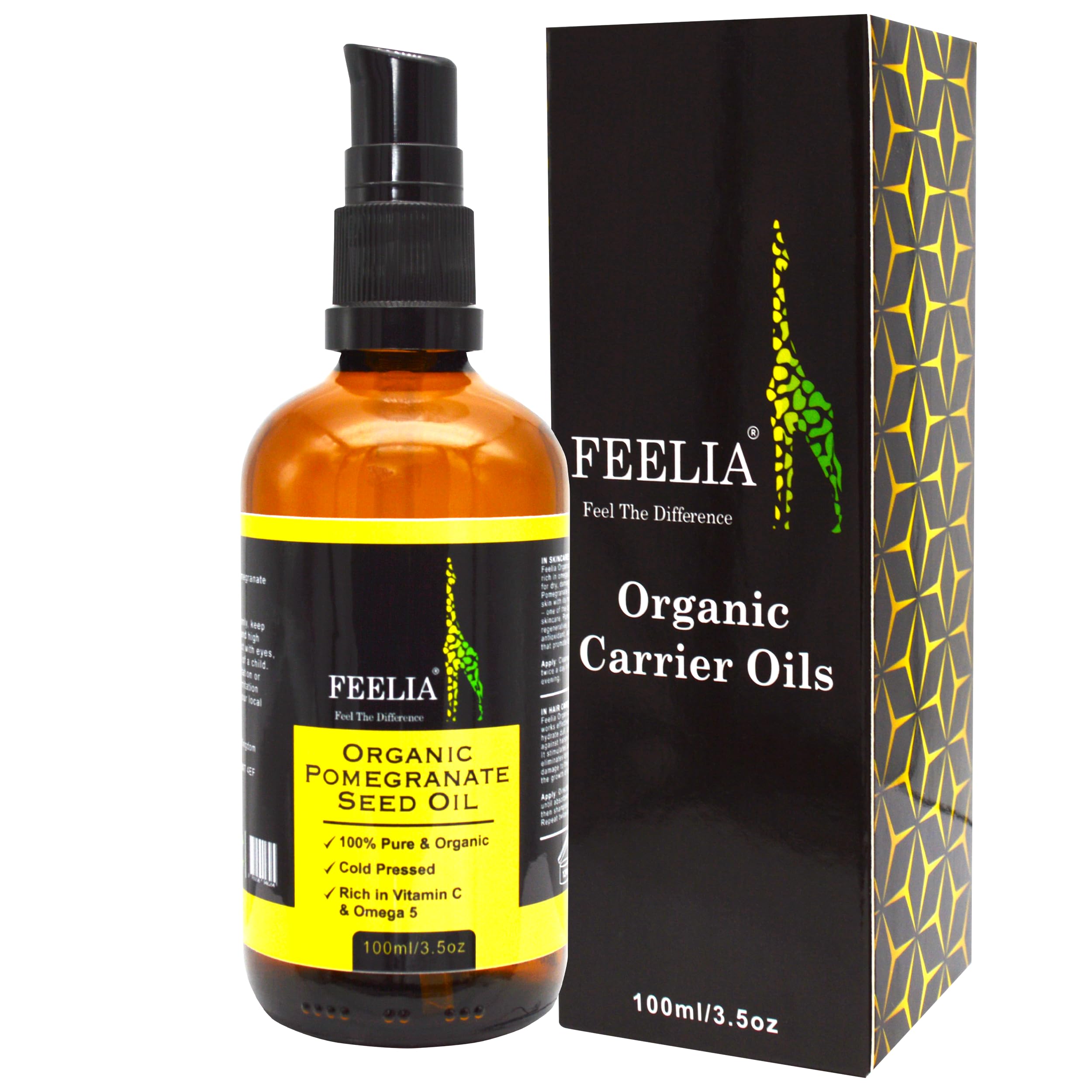 Feelia - Organic Pomegranate Seed Oil - Cold Pressed, Rich in Vitamin C & Omega 5, Nourishes skin, Hydrates Dull, Dry Hair, 100% Pure & Organic - 100ml